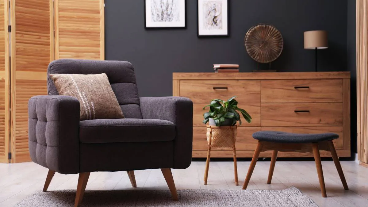Contemporary Armchair with Pillow, Bench and Houseplant Indoors