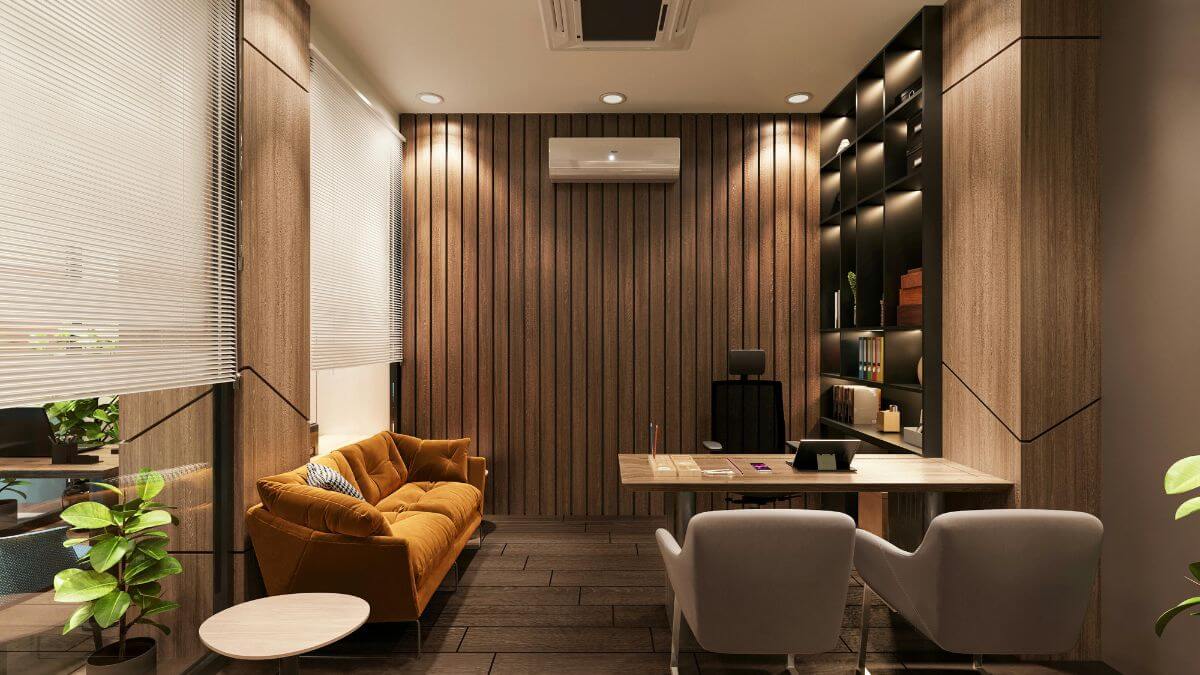 Modern Office Interior with Wooden Paneling