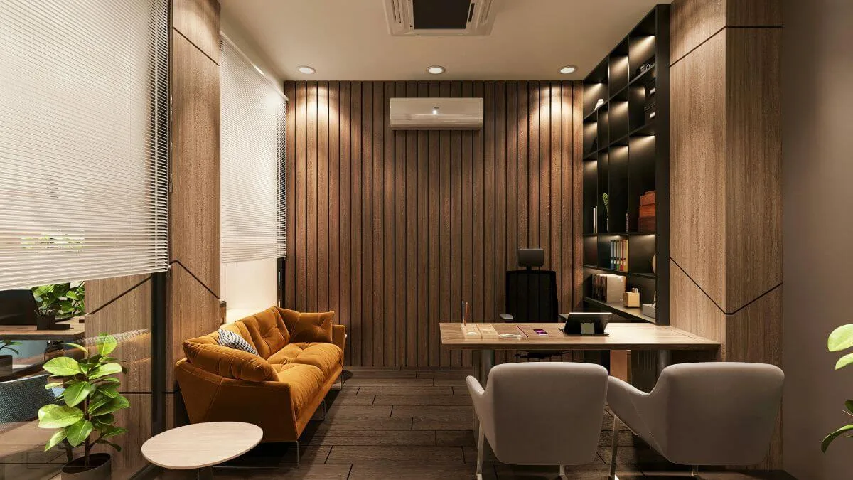 Modern Office Interior with Wooden Paneling