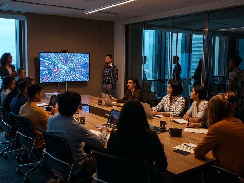 a meeting room where a team of business professional is having a meeting