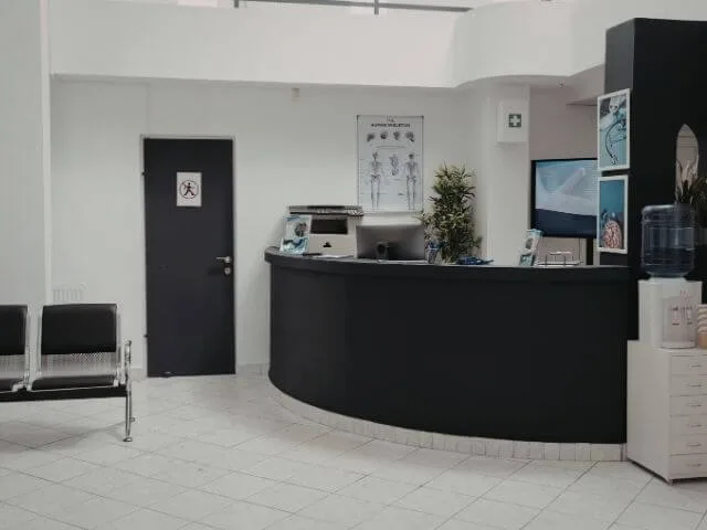 modern reception area design with a curved reception table